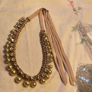 Designer BELT or Necklace-Pearl & Crystal & Gold &Ribbon Design.16”Jewel &30”Tie